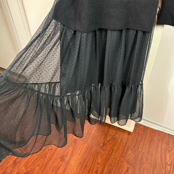 All Saints Black Tula Wool Blend Turtleneck Chunky Knit W/Mesh Skirt Dress XS - Picture 10 of 16